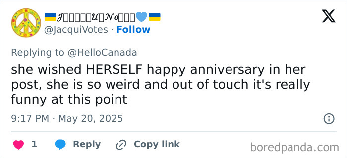 Twitter user criticizing Meghan Markle for not mentioning Prince Harry in her anniversary post, calling her out of touch.