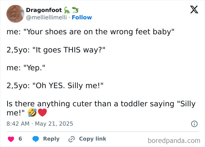 Tweet showing a funny parenting moment with a toddler saying silly me about shoes, highlighting realities of parenting.
