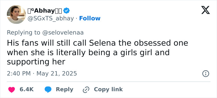 Tweet showing social media discussion about Selena Gomez silently supporting Hailey Bieber after Justin's Vogue remark.