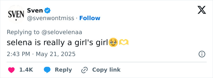 Tweet highlighting Selena Gomez's supportive response related to Justin Bieber and Hailey Bieber's Vogue remark controversy.