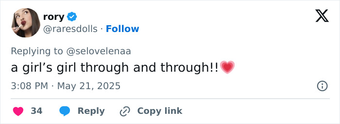 Tweet by user rory expressing strong support with a heart emoji, related to Selena Gomez and Hailey Bieber silent support.