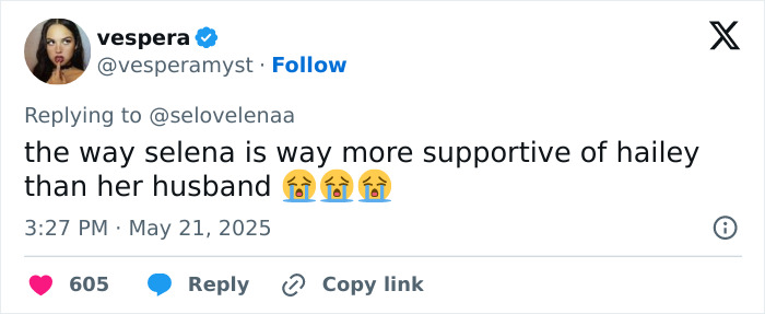 Tweet discussing Selena Gomez showing more support for Hailey Bieber after Justin's Vogue remark with crying emojis.