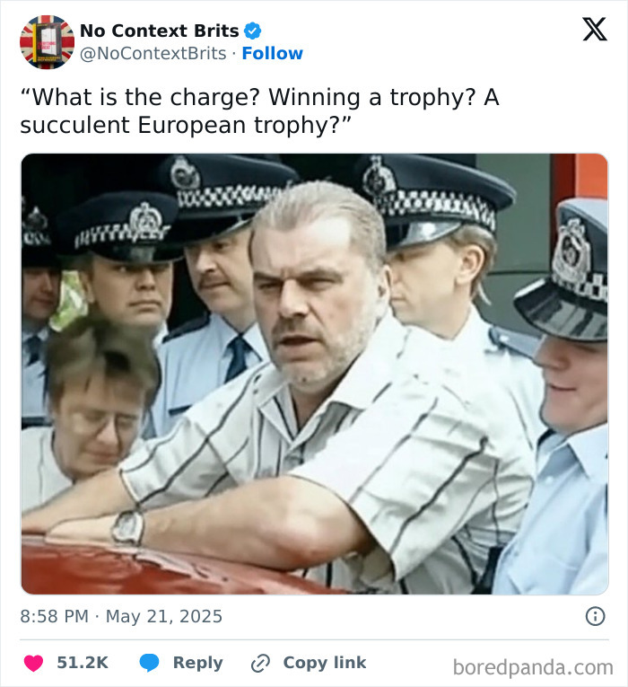 Man leaning on a car surrounded by British police officers, humorously capturing British people being the best comedians.