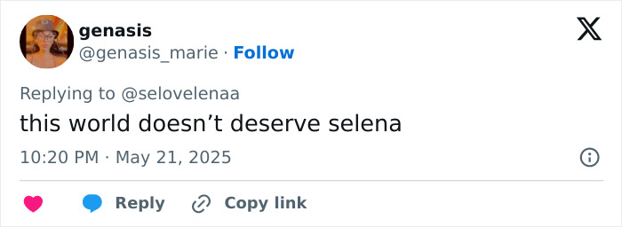 Tweet praising Selena Gomez, expressing support amid Justin Bieber&rsquo;s Vogue remark and Hailey Bieber's situation.