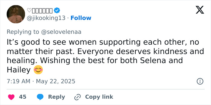 Tweet showing support for Hailey Bieber from Selena Gomez amid Justin's Vogue remark in the Turning Into Kanye conversation.