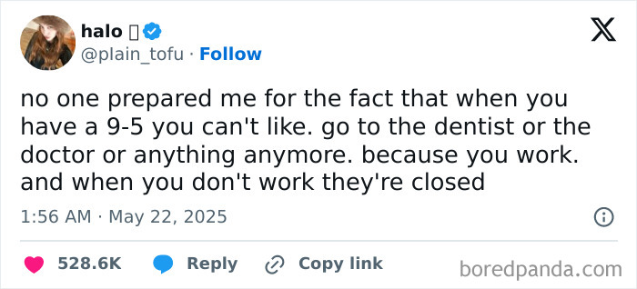 Tweet about the struggles of a 9-5 work schedule, reflecting British comedy humor in everyday life.