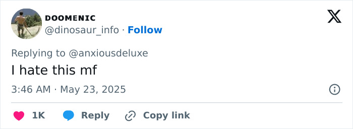 Tweet from user doomenic expressing strong dislike in a reply, related to people brutally mocking Adrien Brody at Cannes. Tweet from user doomenic expressing strong dislike in a reply, related to people brutally mocking Adrien Brody at Cannes.