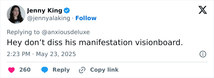 Tweet by Jenny King defending Adrien Brody's art piece, responding to criticism about his manifestation visionboard. Tweet by Jenny King defending Adrien Brody's art piece, responding to criticism about his manifestation visionboard.