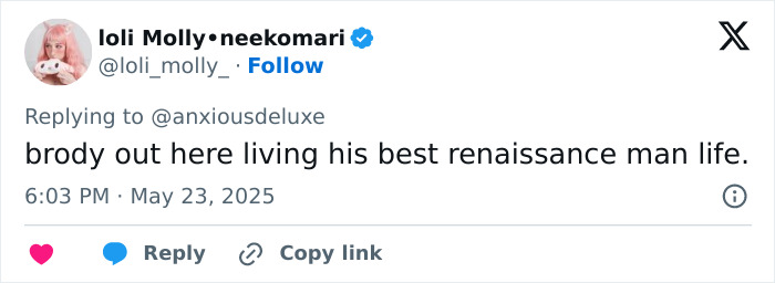 Tweet comment praising Adrien Brody living his renaissance man life after revealing his art piece at Cannes. Tweet comment praising Adrien Brody living his renaissance man life after revealing his art piece at Cannes.