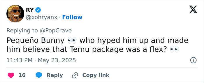 Tweet from user RY commenting on Bad Bunny hype involving Temu package, sparking fan reactions and social media buzz.