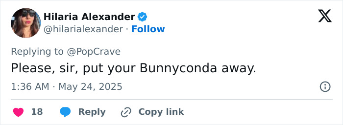 Tweet reply mentioning Bad Bunny with a humorous comment about his revealing underwear selfie that made fans go wild.