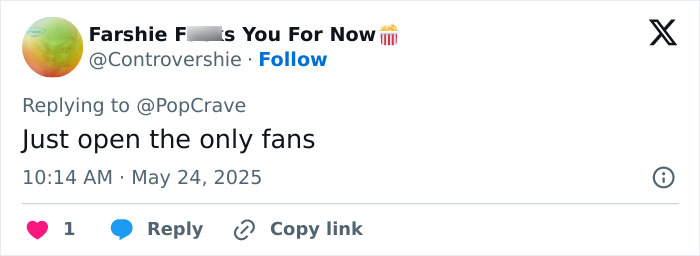 Screenshot of a tweet replying to PopCrave with a comment about OnlyFans.