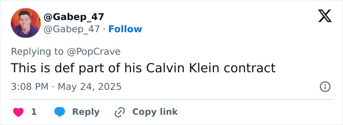 User @Gabep_47 replying to @PopCrave, mentioning Calvin Klein contract related to Bad Bunny underwear selfie.