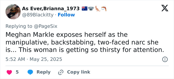 Tweet screenshot criticizing Meghan Markle&rsquo;s Vogue cover diva demands that ended friendship with editor.