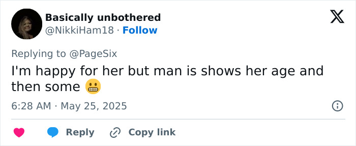 Tweet user Basically unbothered comments on Rosie O&rsquo;Donnell&rsquo;s dramatic Mounjaro weight loss with a thoughtful emoji.