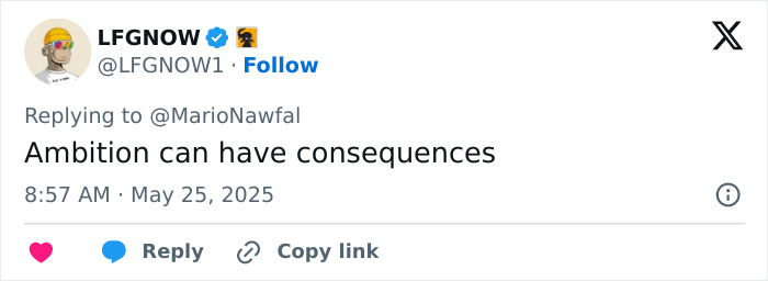 Tweet from LFGNOW about ambition having consequences, relating to Meghan Markle Vogue cover diva demands affecting editor friendship.