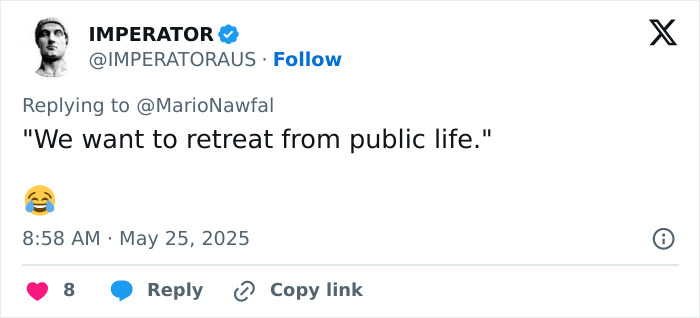 Screenshot of a Twitter reply quoting a statement about retreating from public life, featuring a laughing emoji.