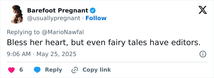 Tweet by Barefoot Pregnant replying to MarioNawfal about fairy tales and editors, related to Meghan Markle Vogue cover demands.