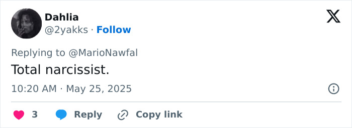 Tweet by user Dahlia calling someone a total narcissist, related to Meghan Markle Vogue cover diva demands ending friendship.