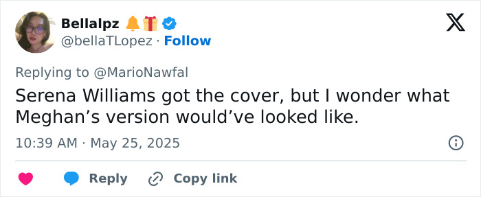 Twitter post by user Bellalpz speculating on Meghan Markle&rsquo;s Vogue cover compared to Serena Williams&rsquo; cover image.