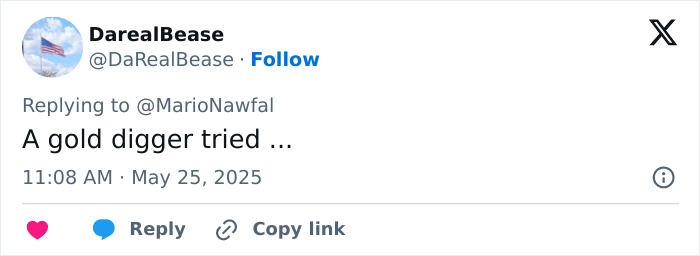 Tweet from user DarealBease replying to MarioNawfal that reads A gold digger tried, posted on May 25, 2025.