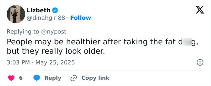 Tweet from Lizbeth discussing how people may look healthier but older after taking fat drugs, related to Mounjaro weight loss.