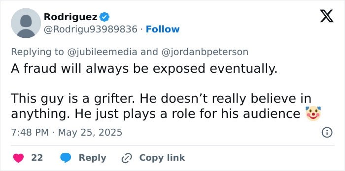 Tweet criticizing Jordan Peterson as a grifter, shared during a heated debate against atheists online.