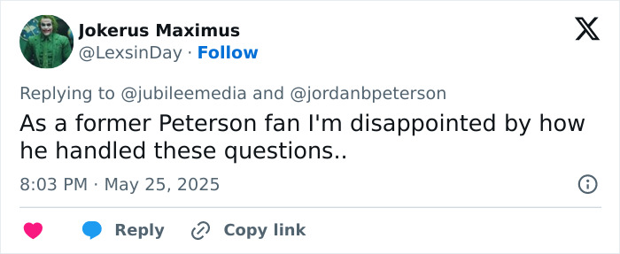 Tweet from a user expressing disappointment in Jordan Peterson&rsquo;s handling of questions in a debate with atheists.