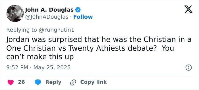 Tweet showing Jordan Peterson mentioned in debate with atheists, highlighting a surprising moment in the atheist debate discussion.