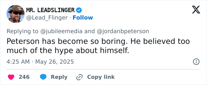 Screenshot of a tweet criticizing Jordan Peterson during a brutal debate with atheists about his hype and reputation.
