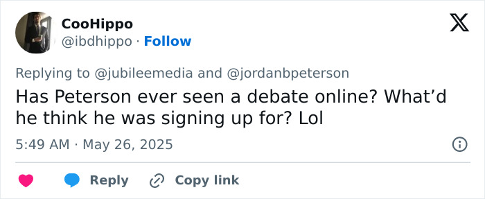 Tweet about Jordan Peterson brutally roasted in a humiliating debate against atheists, questioning his debate experience.