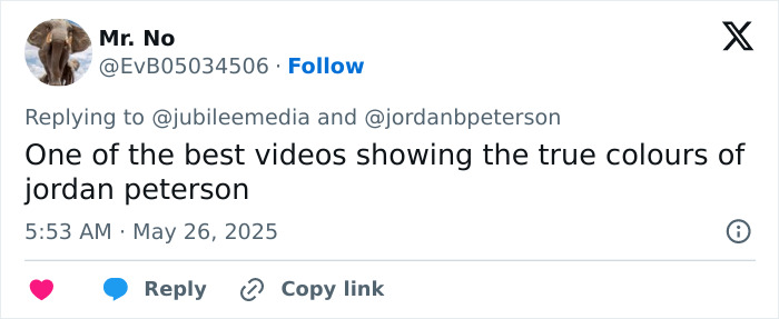 Screenshot of a Twitter reply praising a video showing the true colors of Jordan Peterson in a debate with atheists.