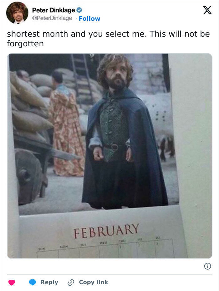 Hilarious main character moment with a calendar featuring a humorous scene for the month of February.