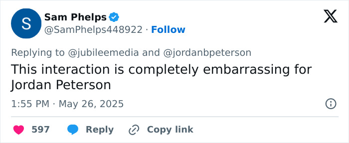 Tweet criticizing Jordan Peterson during a humiliating debate against atheists, calling the interaction embarrassing.