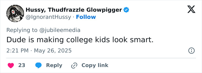 Twitter reply from user Hussy, Thudfrazzle Glowpigger commenting on a debate about Jordan Peterson against atheists.