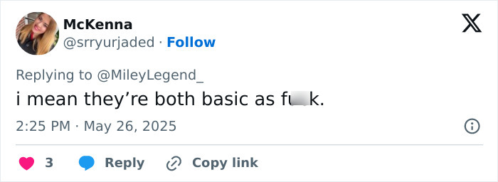 Screenshot of a Twitter reply criticizing Miley Cyrus and Demi Lovato fans over a wedding dress controversy.