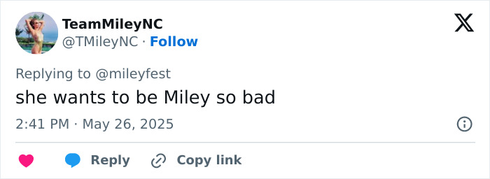 Tweet from Miley Cyrus fans calling out Demi Lovato for allegedly copying her wedding dress, posted May 26, 2025.
