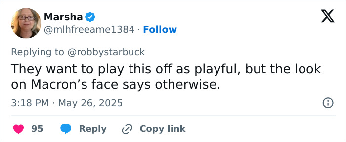 Tweet by user Marsha commenting on Emmanuel and Brigitte Macron’s airport incident linked to grooming rumors and teacher-student past. Tweet by user Marsha commenting on Emmanuel and Brigitte Macron’s airport incident linked to grooming rumors and teacher-student past.