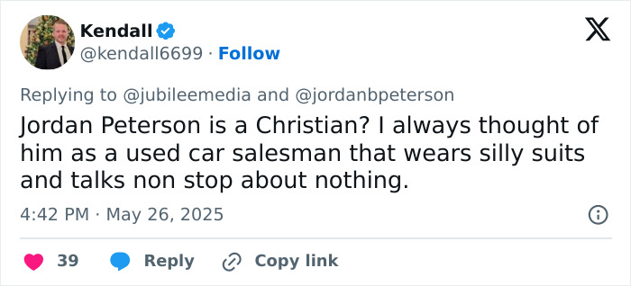 Twitter reply criticizing Jordan Peterson, calling him a used car salesman who talks nonstop about nothing.