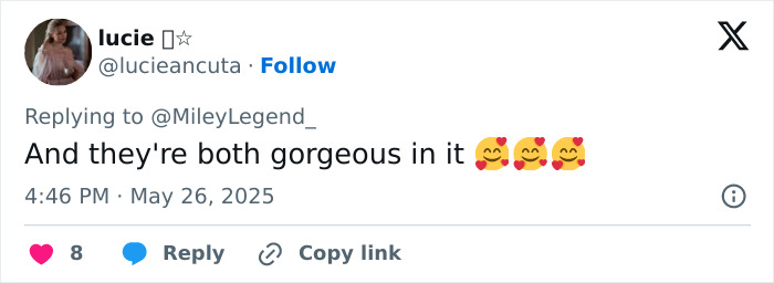 Tweet praising both celebrities looking gorgeous, amid Miley Cyrus fans calling out Demi Lovato over wedding dress controversy.