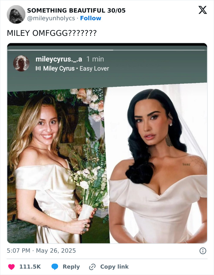 Side-by-side images of Miley Cyrus and Demi Lovato wearing similar off-shoulder wedding dresses, sparking fan debate.