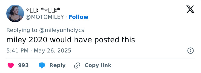 Tweet from Miley Cyrus fan expressing opinion on wedding dress controversy involving Demi Lovato, social media reaction visible.