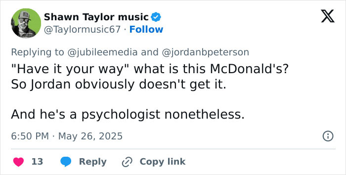 Tweet criticizing Jordan Peterson, referencing a debate with atheists and his role as a psychologist.