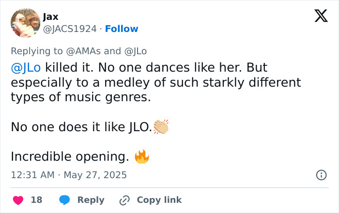 Tweet praising Jennifer Lopez&rsquo;s dance performance at the AMAs amid reactions to her lesbian kiss.