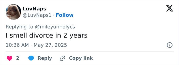 Tweet from user LuvNaps saying I smell divorce in 2 years, relating to Miley Cyrus fans calling out Demi Lovato wedding dress.