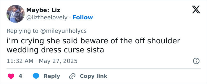 Twitter comment about off shoulder wedding dress curse related to Miley Cyrus and Demi Lovato fans calling out dress issues.