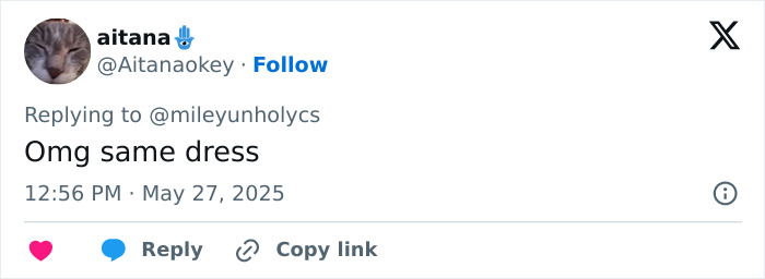 Tweet showing a fan commenting on Miley Cyrus and Demi Lovato wedding dress similarity controversy.