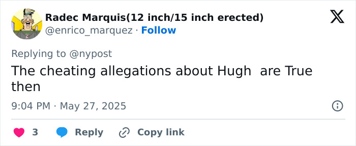 Twitter post discussing cheating allegations about Hugh Jackman amid divorce journey of betrayal from Deborra-Lee Furness.