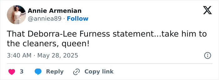 Tweet from Annie Armenian reacting to Deborra-Lee Furness breaking silence on divorce filing from Hugh Jackman.