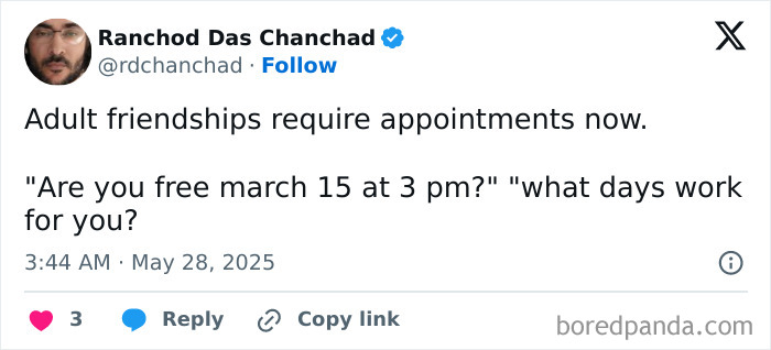 Social media post humor about adult friendships requiring scheduled appointments to meet.